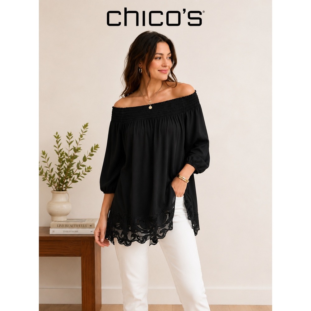 Chico's Size 1 Black Off Shoulder Lace Hem Tunic Blouse Boho Chic